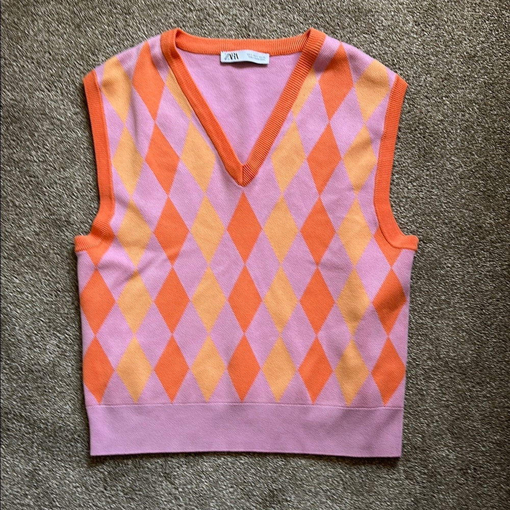 Zara Vibrant Argyle Sweater Vest in Pink and Orange